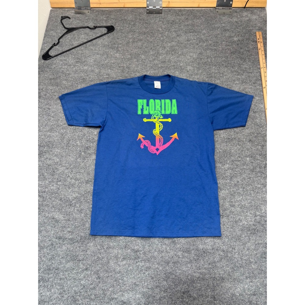Vintage 90s Jerzees Florida‎ Anchor T Shirt Blue Neon Graphic Mens Large USA